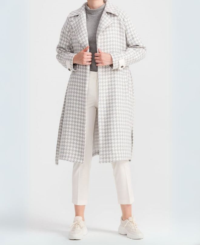 Manteau Pied-de-Poule Ceinturé